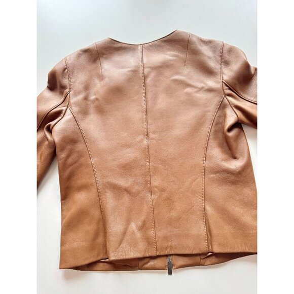 VINCE Saddle Brown Lamb Leather Zip Front Minimalist Collarless Jacket, Size S - Picture 11 of 16